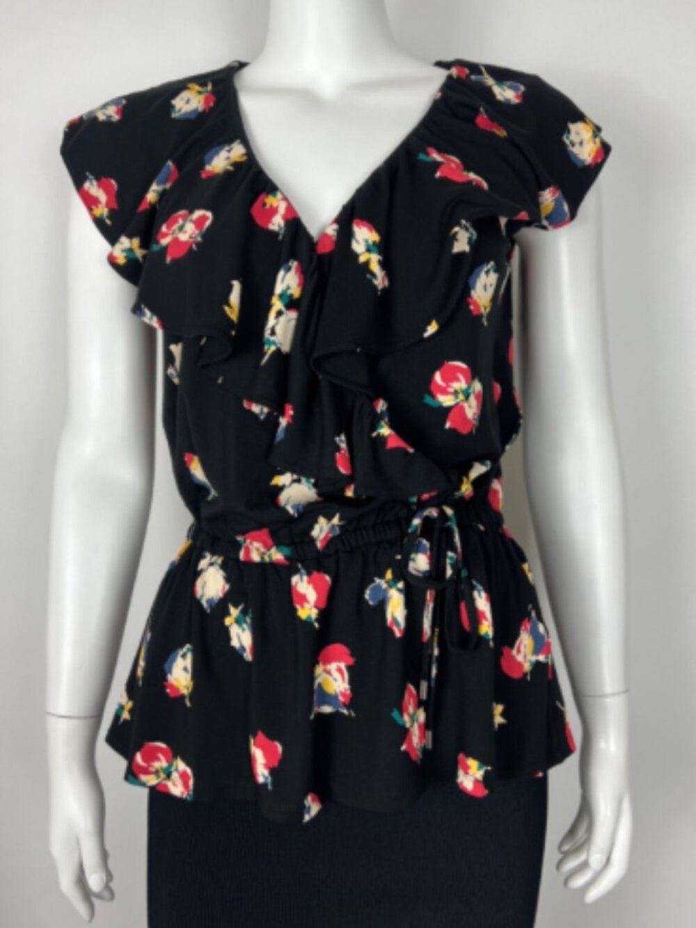 Lauren Ralph Lauren Black Floral Ruffle V Neck Blouse XL Sleeveless